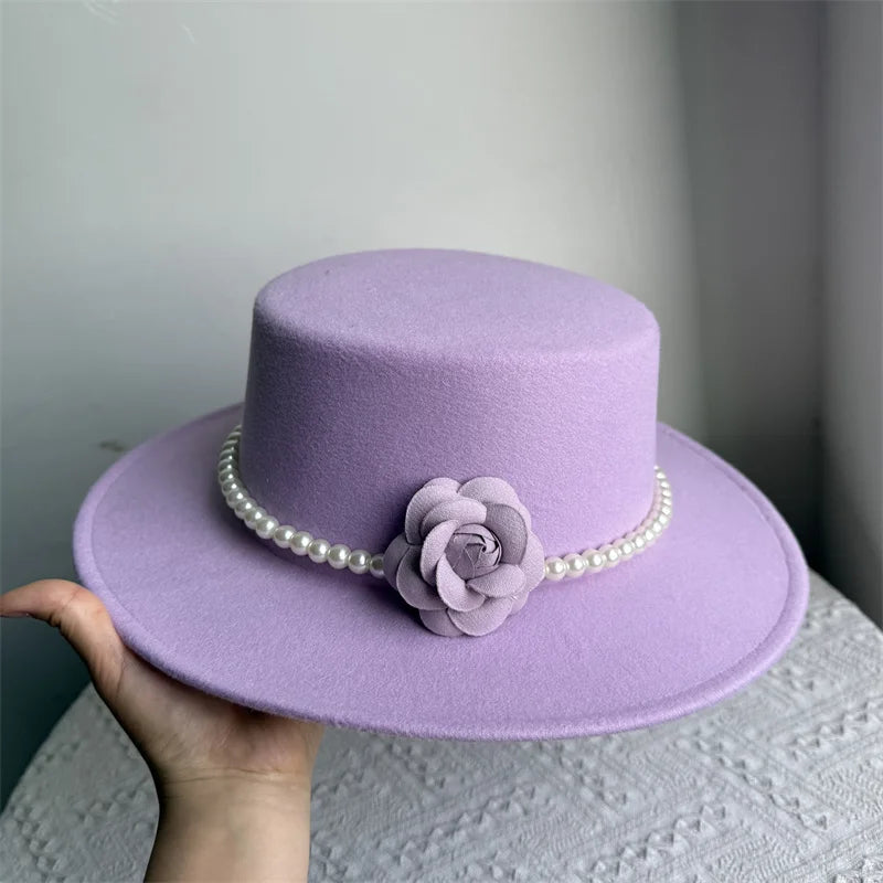 French Black Big Brim Top Hat Women Elegant Retro Style Flat-top Fedora Hat British Pearl Floral Wide Brim Hat Photography