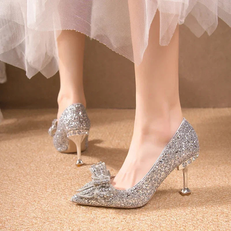 New  Women's Rhinestone Wedding Shoes Year Shoes Luxury Buckle Decorative Banquet Women's Shoes High Heels Gold Silver Red