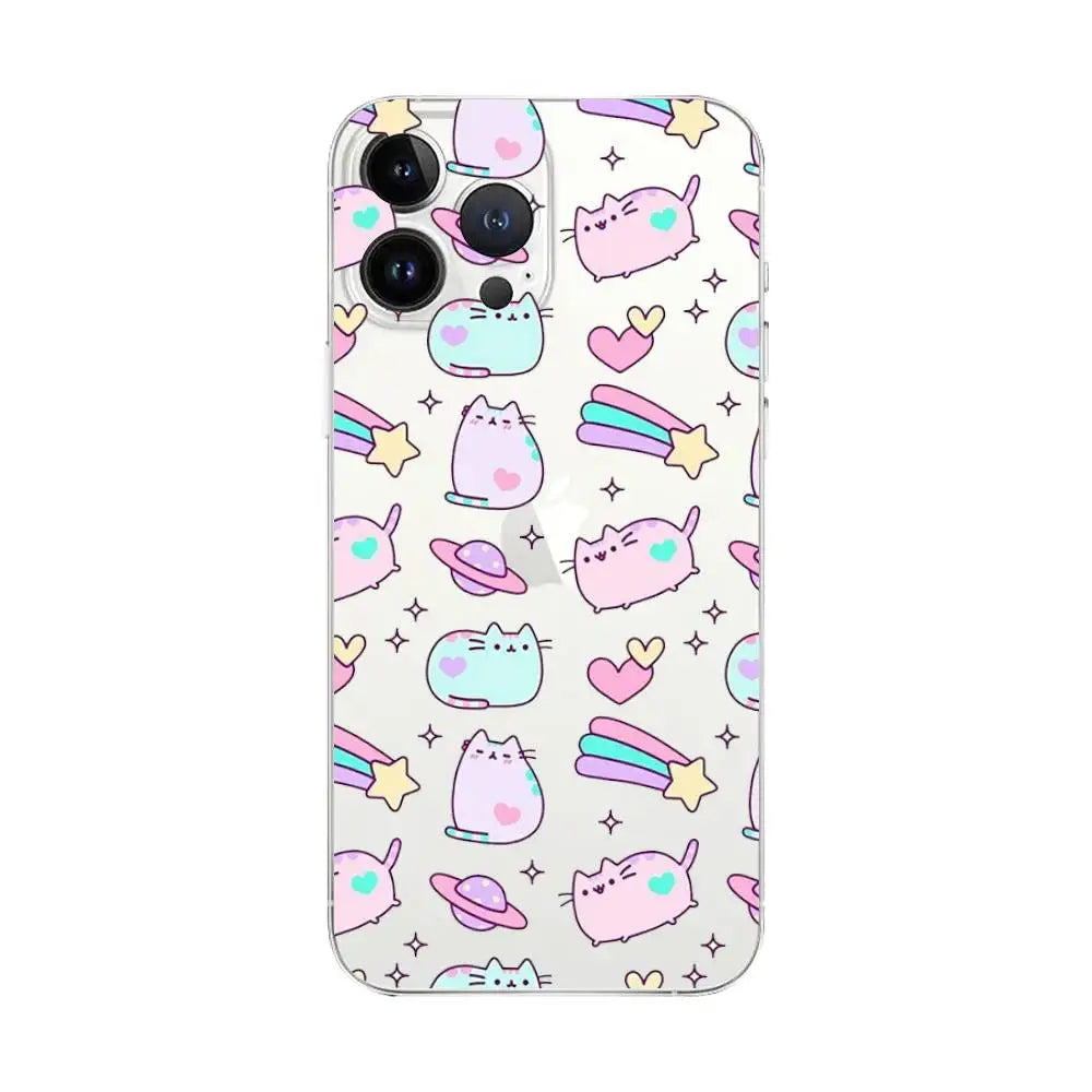 Cute Cartoon Cat P-Pusheens Phone Case Transparent For IPhone 16 15 11 13pro Max 14Plus X Xr Xs Max 12mini - Clear Cover