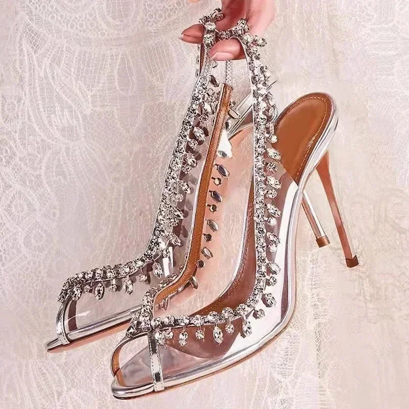 Transparent PVC Rhinestone High Heels Ladies Fish Mouth Shiny Crystal Sandals Women Sexy Banquet Wedding Party Dress Female