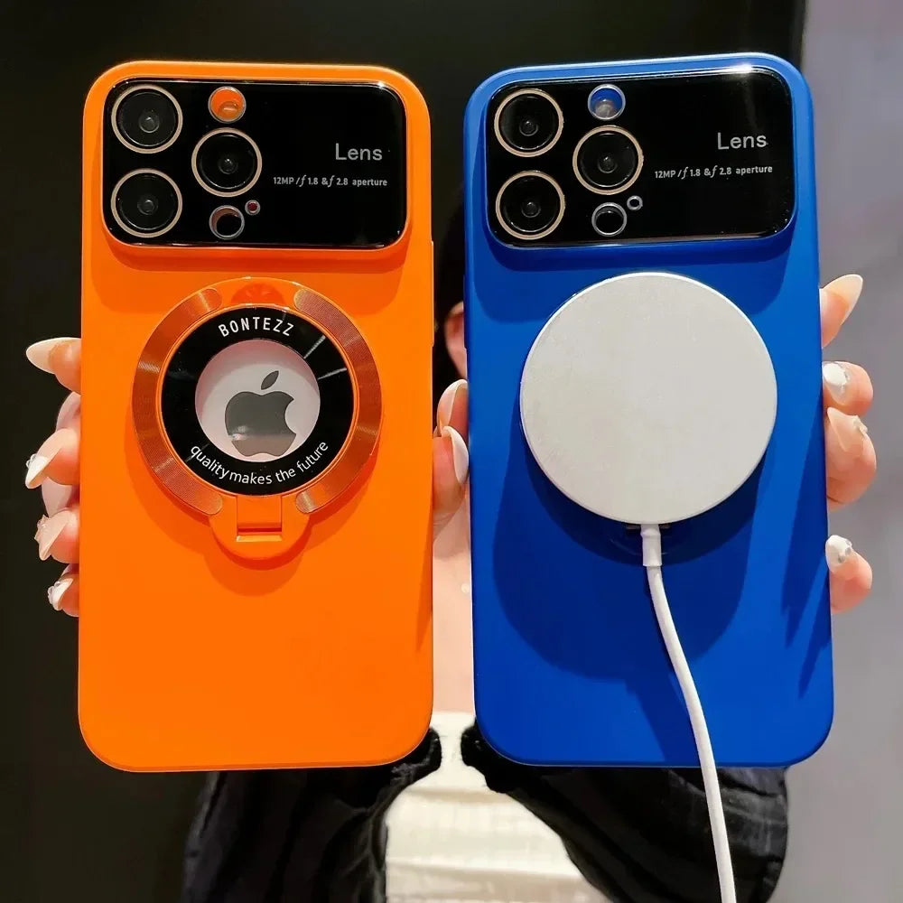 Case for IPhone 16 15 14 13 12 11 Pro Max Luxury Slim Matte PC Bracket Magsafe 15 Plus Stand Holder Glass Lens Protector Cover