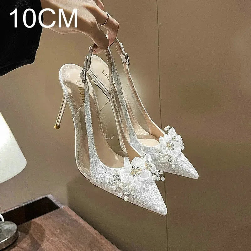 French Bride Gold Wedding Shoes for women Thin Heel Pointed Shallow Mouth Flower Rhinodrill High Heels Bao Head Fashion Sandals