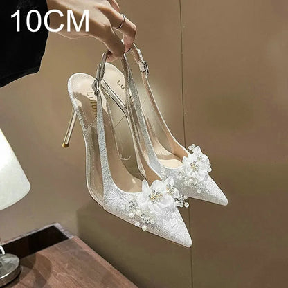 French Bride Gold Wedding Shoes for women Thin Heel Pointed Shallow Mouth Flower Rhinodrill High Heels Bao Head Fashion Sandals