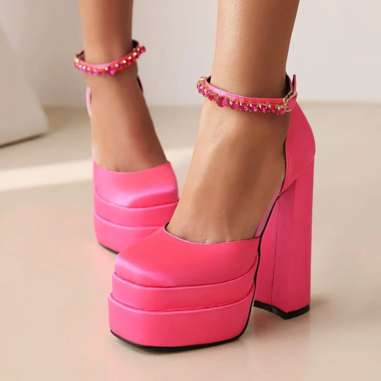 2022 Brand Women's Sandals 14.5CM Silk Thick Heels High Platform Rhinestone Small Big Size 32 43