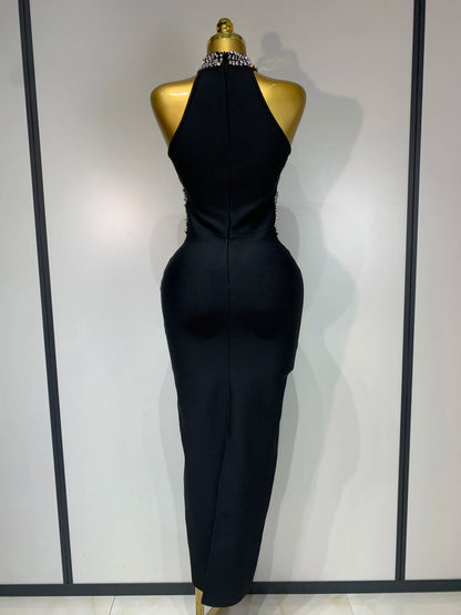 Women Sexy Rhinestone Black Sleeveless Mesh Patchwork New Arrival Stretch Bodycon Bandage Party Dresses Elegant Birthday Dress