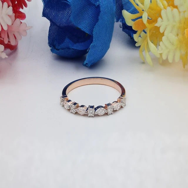 Star Dust Marquise Round Diamond Band Ring Real Diamond Stackable Ring Solid Gold Marquise Wedding Band 14k Gold Eternity Ring