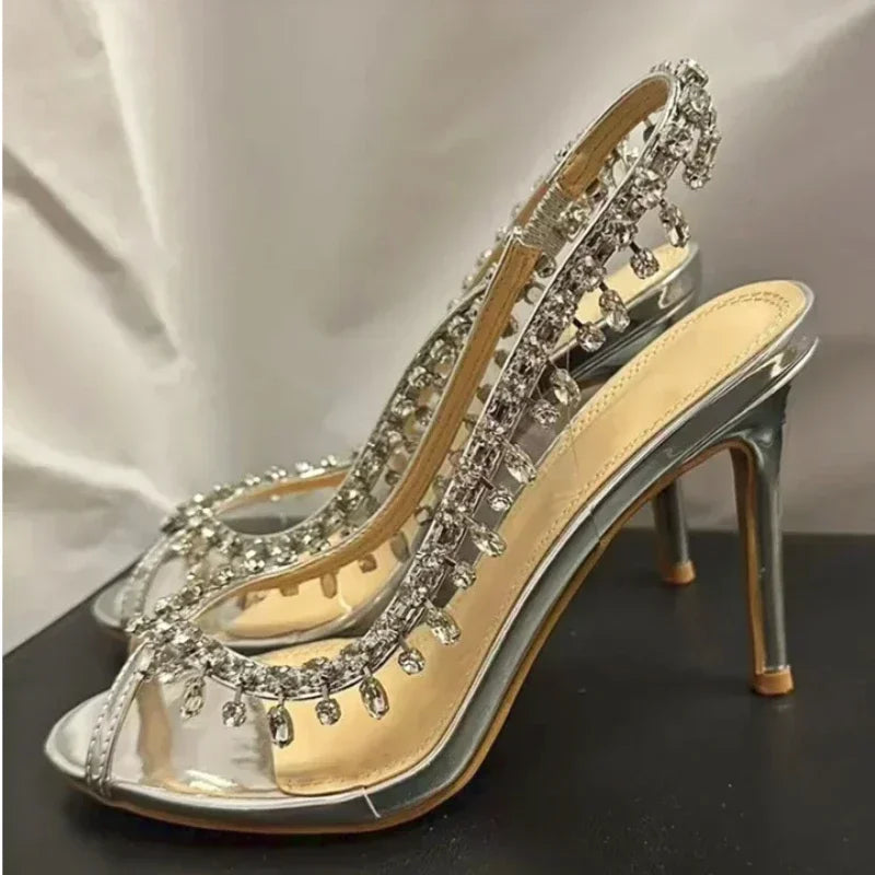 Transparent PVC Rhinestone High Heels Ladies Fish Mouth Shiny Crystal Sandals Women Sexy Banquet Wedding Party Dress Female