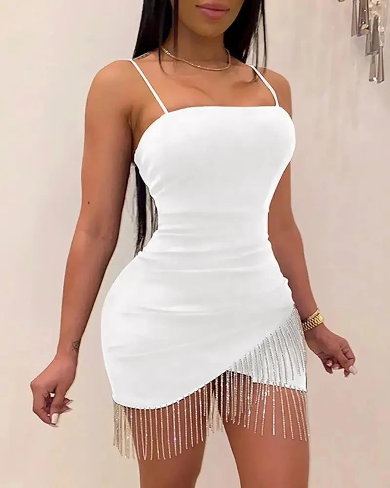 Factory Direct Elegant European Style Strapless Fringed Rhinestone Tank Dress For Women Nightclub Dress Without Straps