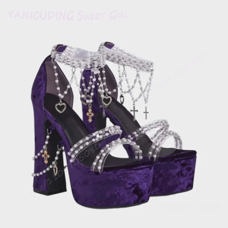 Taro Purple Suede Crystal Tassel Sandals Girls Cute Platform Open Heels Pink Round Toe Chunky Pearl String Ankle Lolita Shoes
