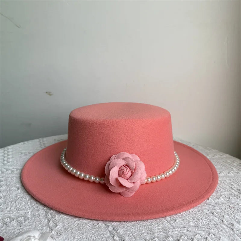 French Black Big Brim Top Hat Women Elegant Retro Style Flat-top Fedora Hat British Pearl Floral Wide Brim Hat Photography