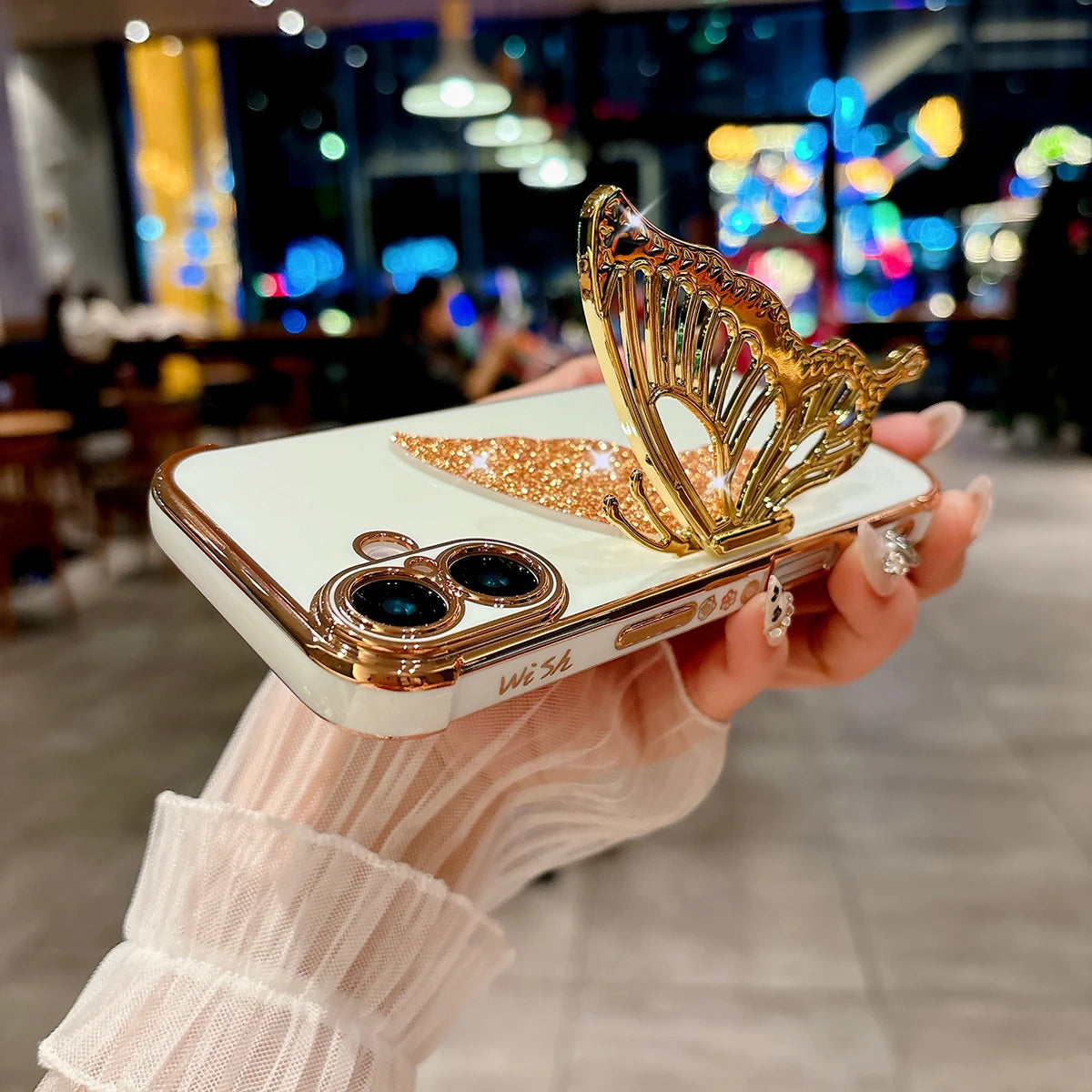 Glitter Butterfly Holder Phone Case for IPhone 7 8 16 15 14 Plus Pro MAx 12 13 Mini Side Pattern Drop Resistant PC Plating Case