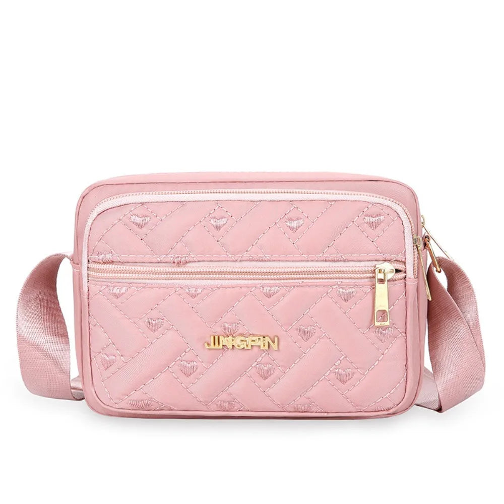 Large Capacity Embroidered Crossbody Bag Love Heart Pattern Elegant Middle Aged Shoulder Bag Lattice Casual Woman Messenger Bag.