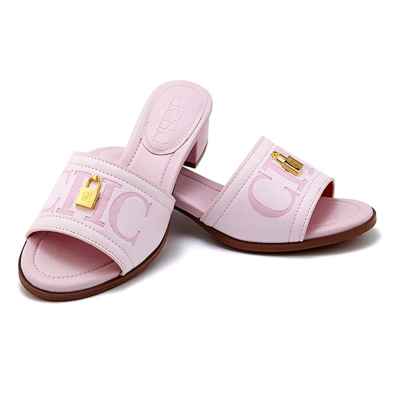 CH Fashion Monogram Print Elegant Design Women's Low Heeled Slippers Solid Color High Quality Metal Lock Simple Single Shoes.