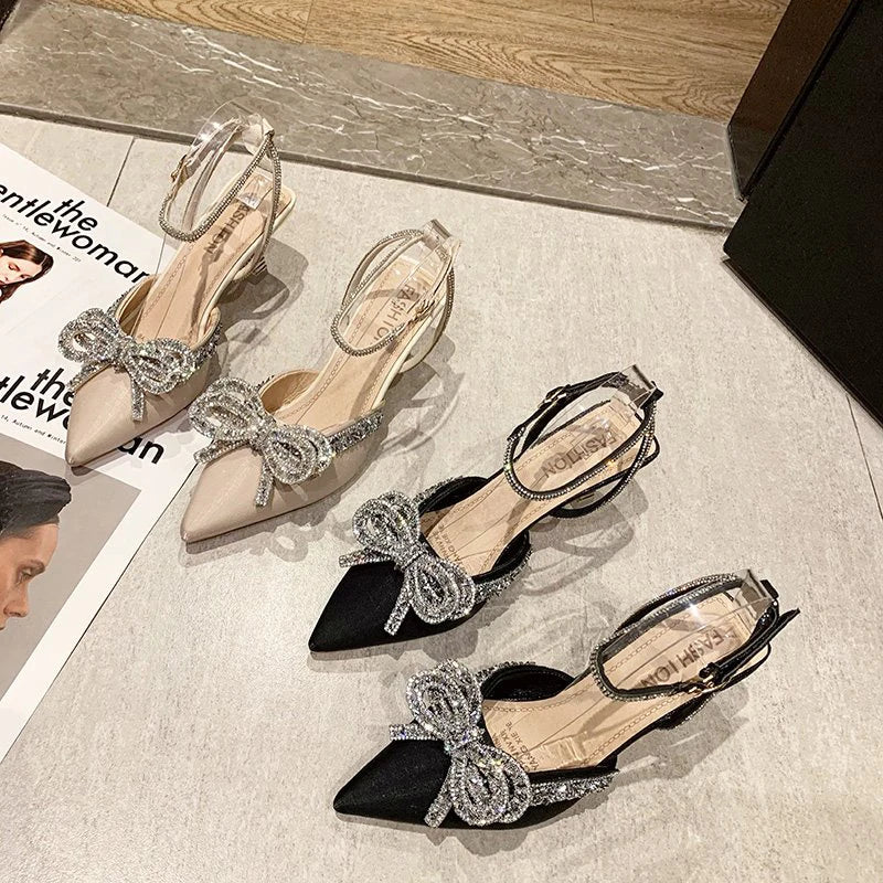 Pointed Toe Women's Sandals Crystal Bow High Heels Shoes 2025 Summer Luxury Mary Jane Shoes Party Pumps Sexy Slides Mujer Zapato