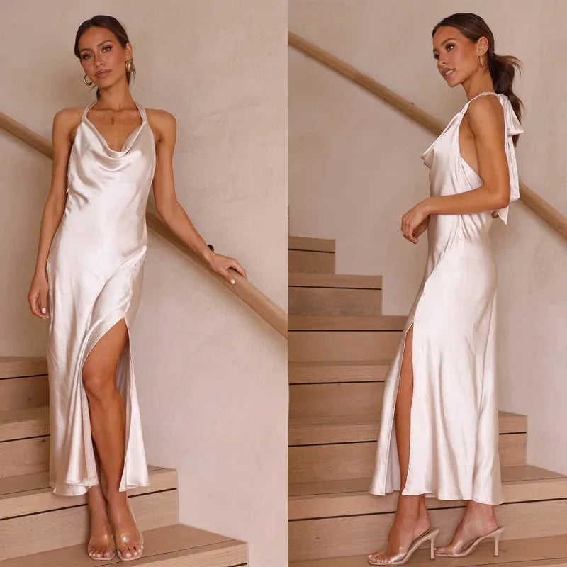2023 Trendy European And American Cross-Border E-commerce Sleeveless Sexy Slim Fit Long Dress Women's Side Slit Open-Back Dress