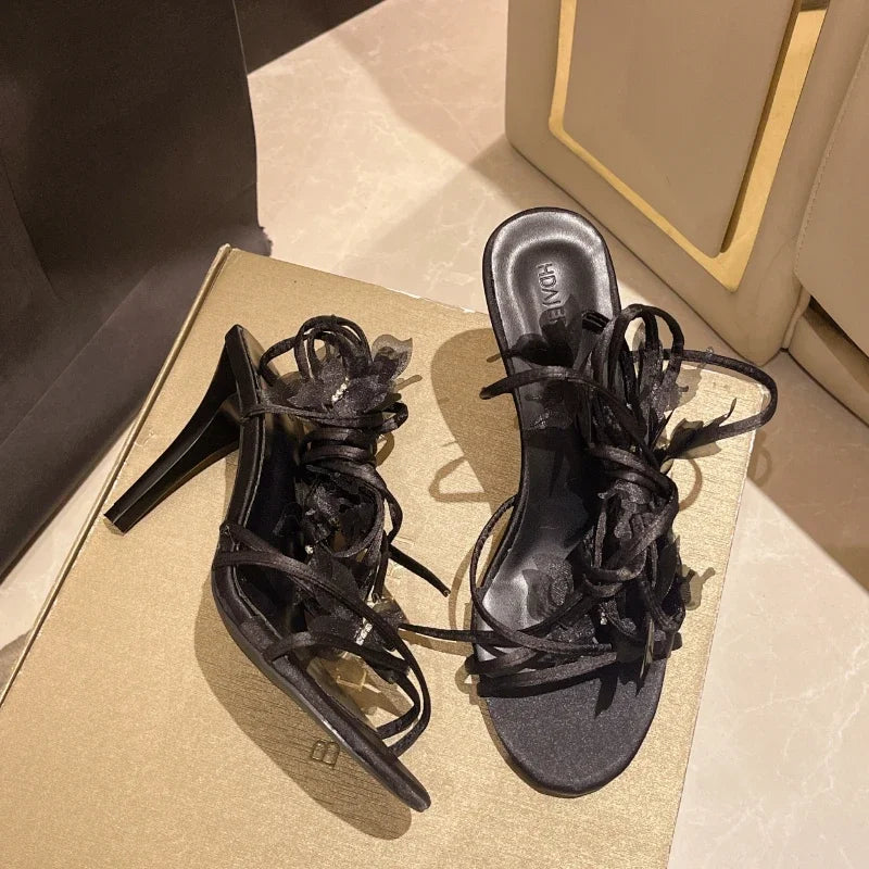 Cross Ankle Strap Women Sandals 2025 Summer Pink Heels Fashion Open Toe Butterfly Floral Shoes Elegant Stripper Party Sandalias