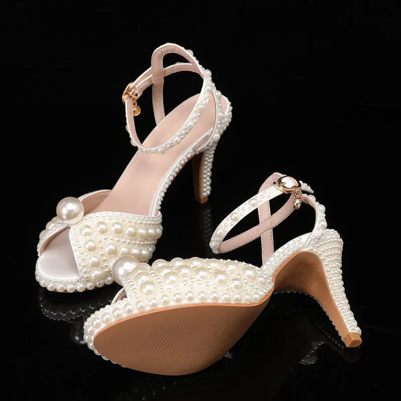Luxury All Pearls Rhinestones Peep toe Women Sandals Fashion Ankle Strap Platform Thin High heels Elegant Bridal Wedding Shoes