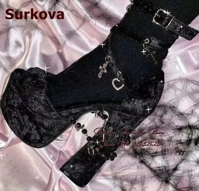 Surkova Luxury Velvet Chunky High Heel Sandals Pearl Jewerly Chain Beaded Platform Dress Shoes Stars Heart Fringe Pumps Size46