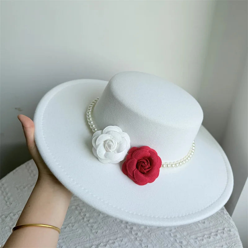 French Black Big Brim Top Hat Women Elegant Retro Style Flat-top Fedora Hat British Pearl Floral Wide Brim Hat Photography