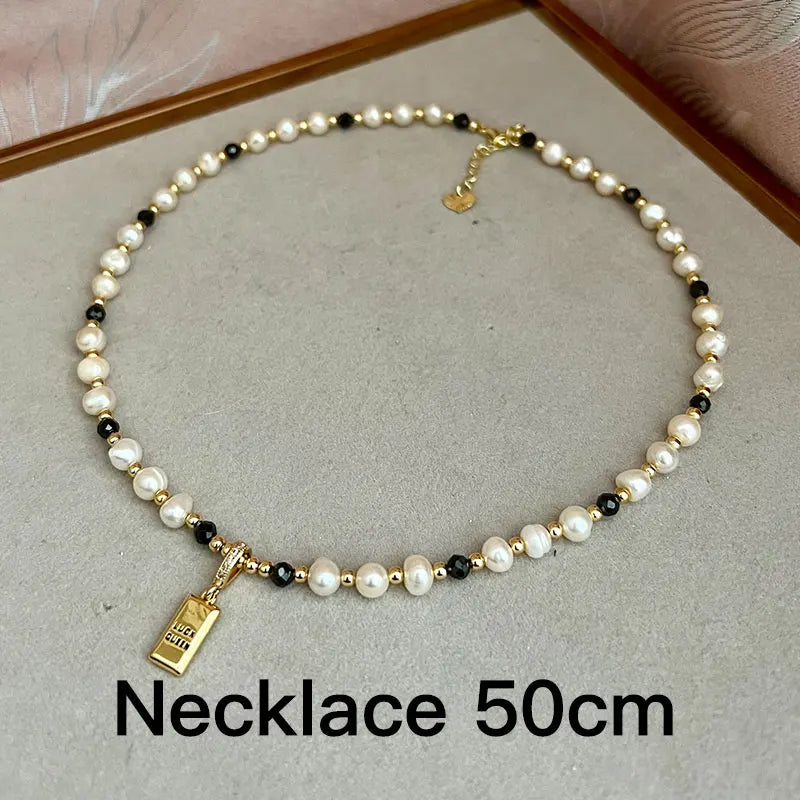 Classic Temperament Natural 5-6mm Freshwater Pearl Necklace Bracelet For Women  Copper Plated 14k Gold Accessories