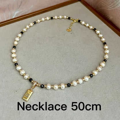Classic Temperament Natural 5-6mm Freshwater Pearl Necklace Bracelet For Women  Copper Plated 14k Gold Accessories