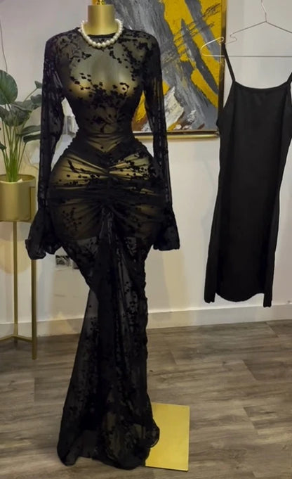 CM.YAYA Women Long Sleeve Stacked Mesh See Though with Lining Bodycon Long Dress 2025 Autumn Evening Birthday Sexy Party Dresses