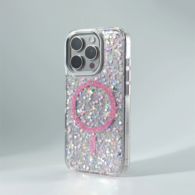 Trendy Glitter Foils Shockproof MagSafe Phone Case for iPhone 16 17pro max 14 15 Pro 13 12 Magnetic Wireless Charging Hard Cover