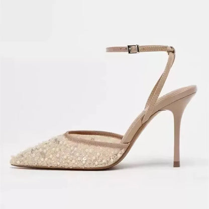 Luxury Bling String Bead Mesh Designer Pumps Women Sexy Pointed Toe Ankle Strap High Heels Elegant Party Wedding Heeled Sandals