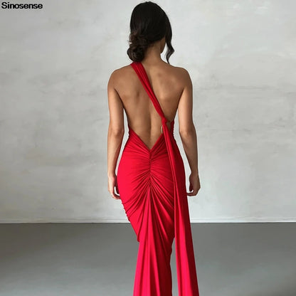 Womens Elegant Evening Party Cocktail Long Dress Sexy Backless Open Back Ruched Slim Bodycon Formal Wedding Guest Maxi Dress
