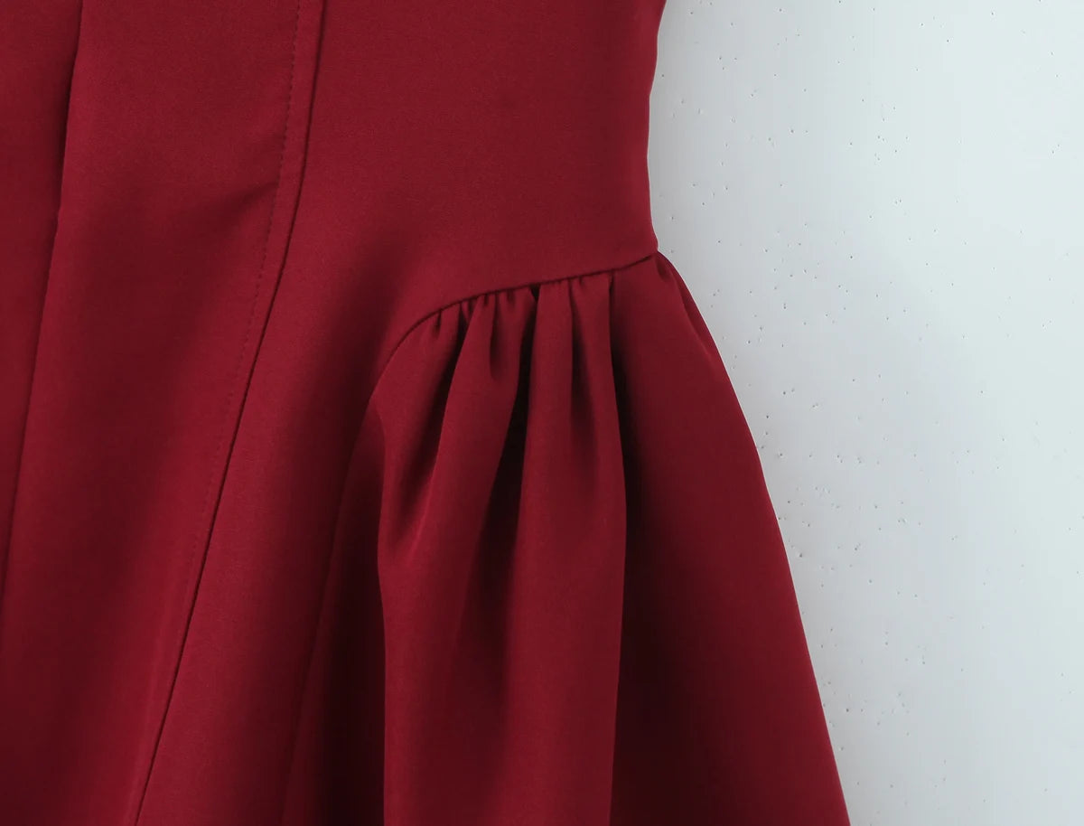 2025 Sexy Dark Red Pleated Ruched Halter Dress Women Deep V neck Slim Low Waist Swing Ball Gown Short Dresses Robe Vestidos