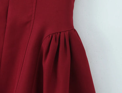 2025 Sexy Dark Red Pleated Ruched Halter Dress Women Deep V neck Slim Low Waist Swing Ball Gown Short Dresses Robe Vestidos