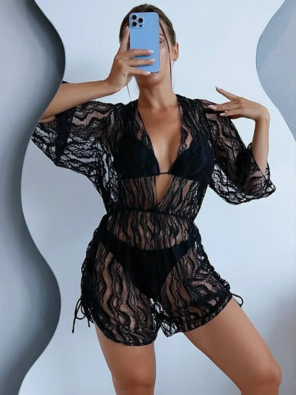 2024 3PCS Lace Hollow Out Bikini For Women Sexy Swimwear Female Pleated Cover Up Swimsuit Beach Wear New Brazilian Bathing Suit