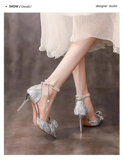 Crystal high-end feel, water diamond bow one-button high heels, women's pointed toe thin heels, silver wedding shoes