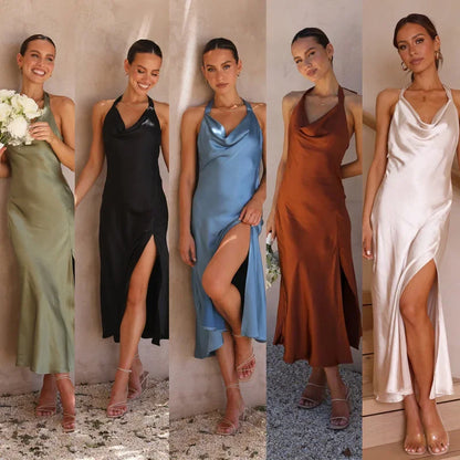 2023 Trendy European And American Cross-Border E-commerce Sleeveless Sexy Slim Fit Long Dress Women's Side Slit Open-Back Dress