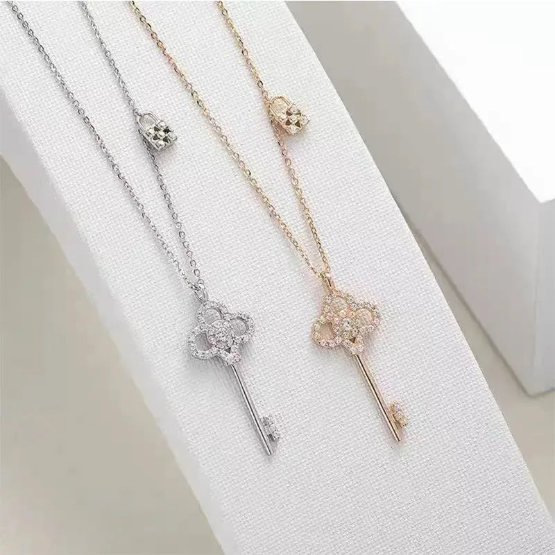 Golden Snowflake Key Pendant Necklace Female Hollow Clover Diamond Set Chain Sweater Chain
