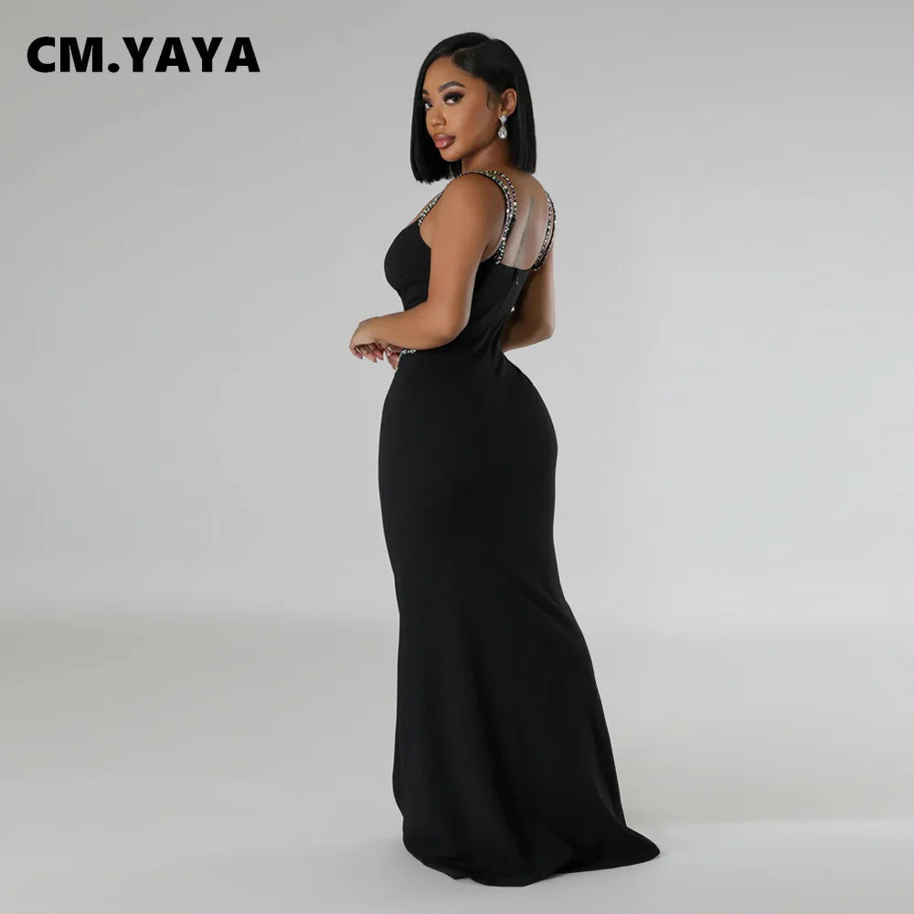 CM.YAYA Women Diamond Strapless Sleeveless Bodycon Long Maxi Dress Summer Streetwear Sexy Vestidos Night Party Evening Dresses