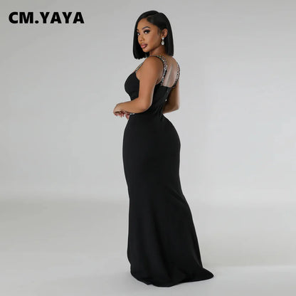 CM.YAYA Women Diamond Strapless Sleeveless Bodycon Long Maxi Dress Summer Streetwear Sexy Vestidos Night Party Evening Dresses
