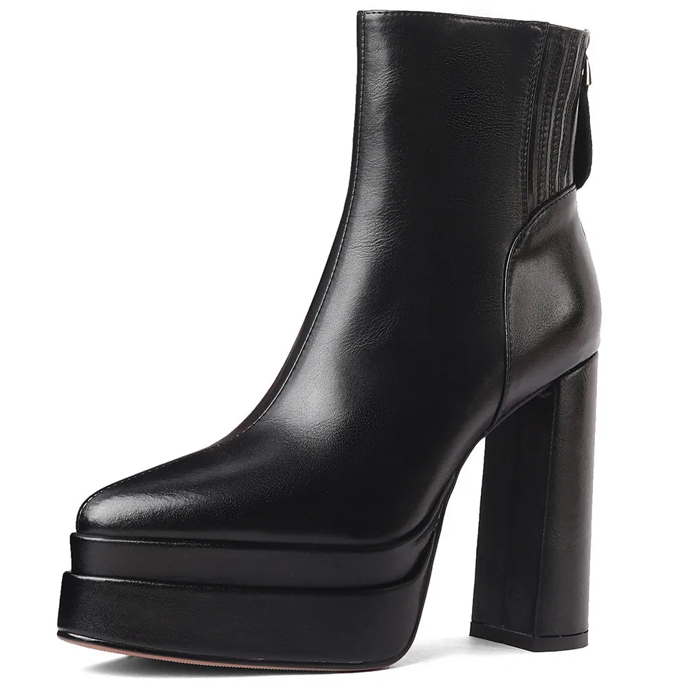 MILI-MIYA Fashion Pointed Toe Women Full Genuine Leather Ankle Boots Solid Color Thick Heels Zippers Dress Party Shoes For Lady.