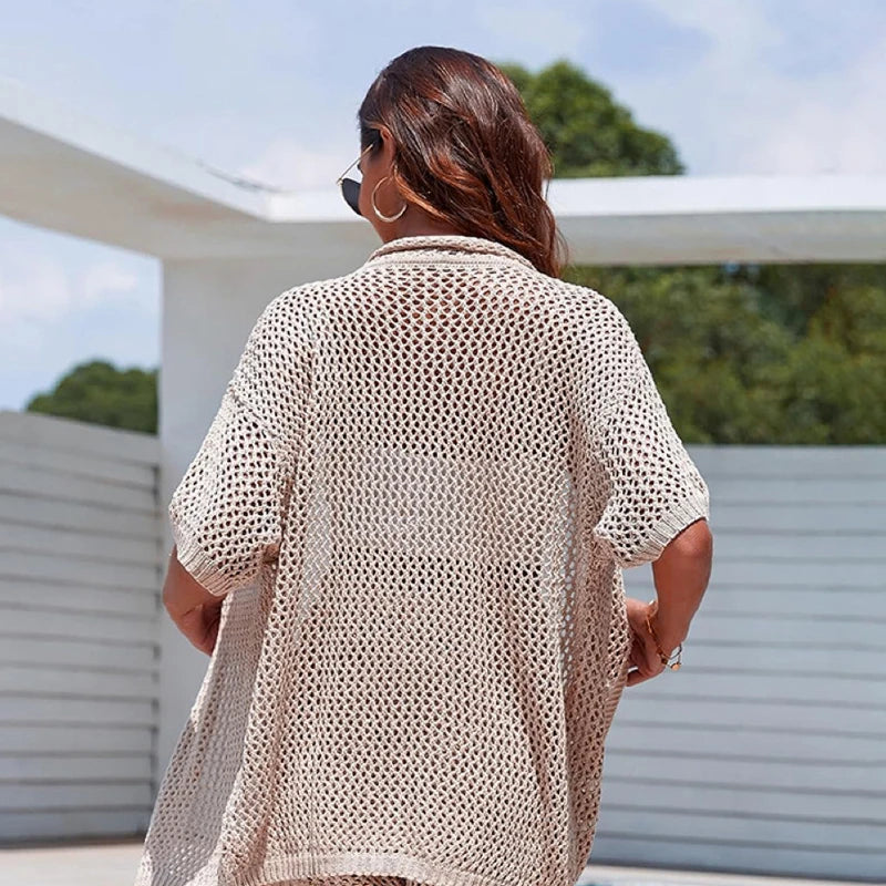 New Style Loose Short Sleeve Top Knitted Hollow Out Pants Beachwear Cover Up Set Women's Beach Vacation Casual Sun Bathing Smock