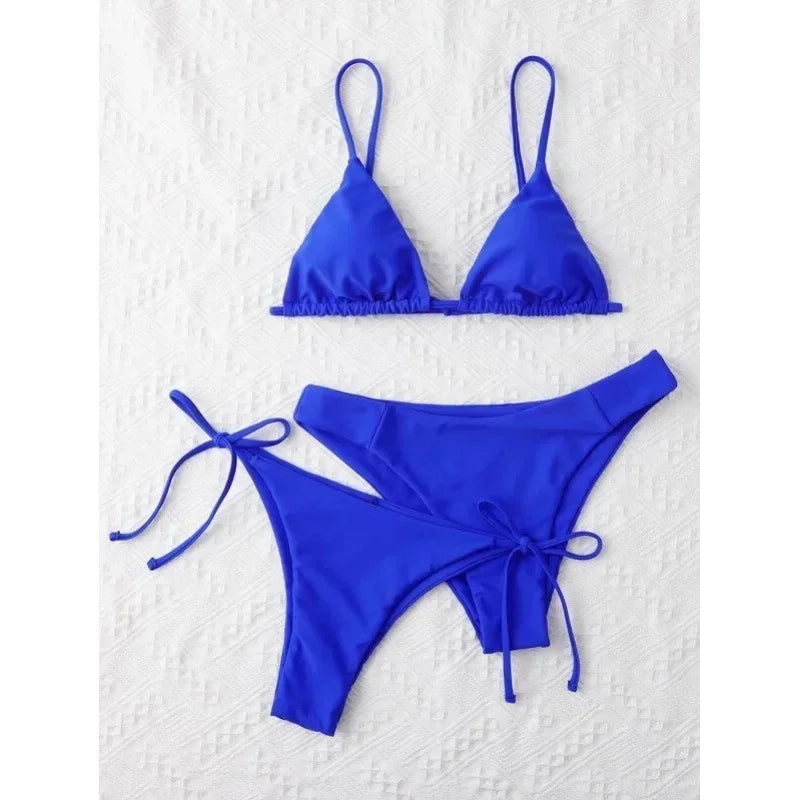 Women's Sexy 3-Piece Bikini Set - Push Up Bandage Triangle Swimsuit in Blue & Purple, Brazilian Beachwear