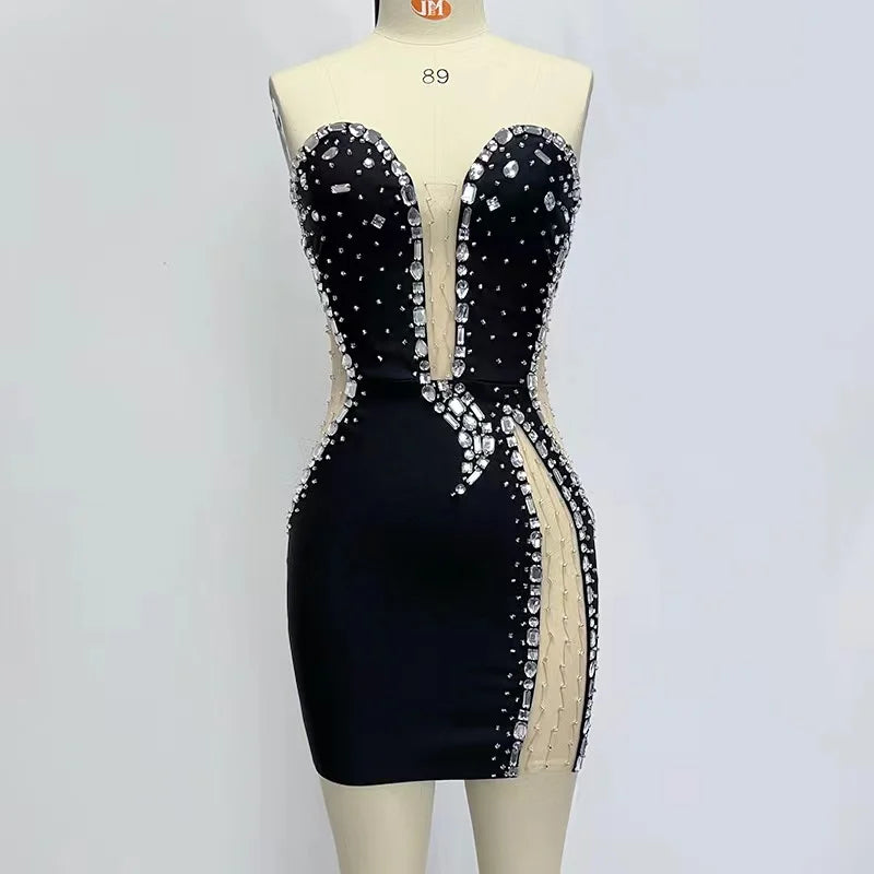 High Quality Diamond Prom Party Bandage Dress Sexy Strapless Sleeveless Maxi Black Luxury Cocktail Runway Dress