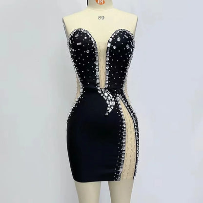 High Quality Diamond Prom Party Bandage Dress Sexy Strapless Sleeveless Maxi Black Luxury Cocktail Runway Dress