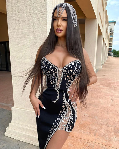 High Quality Diamond Prom Party Bandage Dress Sexy Strapless Sleeveless Maxi Black Luxury Cocktail Runway Dress