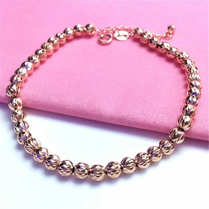 585 Purple Gold Plated 14K Rose Gold Ball Beads String Bracelets for Women Simple Sparkling Classic Wedding Jewelry Gift