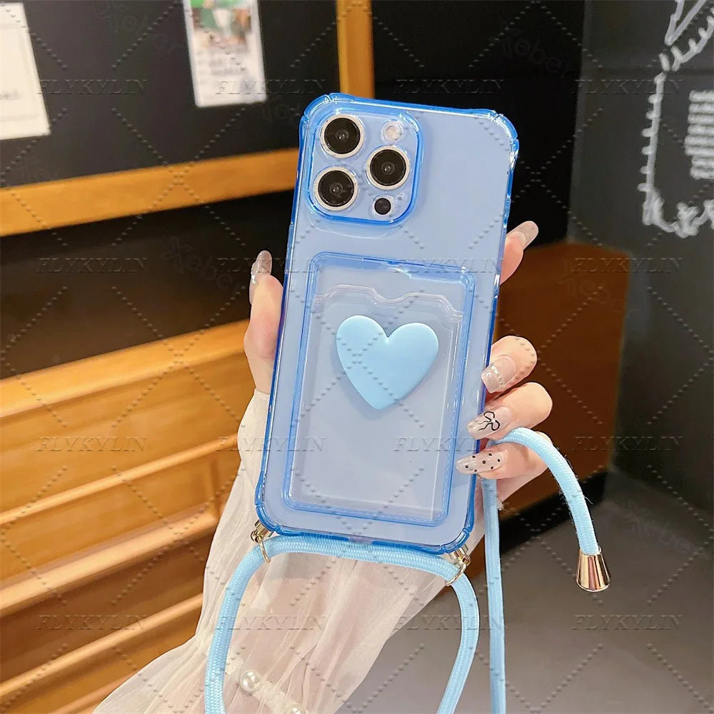 Crossbody Necklace Strap Cord Love Heart Card Holder Wallet Case For POCO X7 X6 X5 Pro X3 Xiaomi 14T 13T 12T 11 Lite Clear Cover