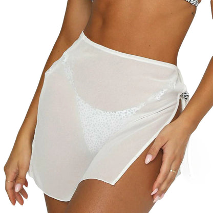 Yiiciovy Mesh Sheer Swimsuit Bikini Cover-Ups Skirts Women Lace Up Sexy See Through Beach Sarong Skirt High Waist Mini Scarf