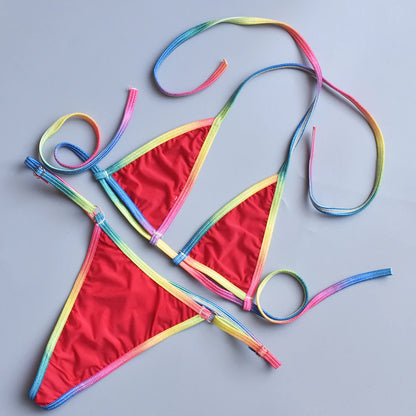 Women Bikini Sexy Three Point MultiColor Thin Straps Lace Up See Through Bikini Top + Panties Brazilian Biquinis