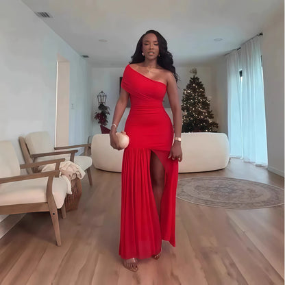 Stylish Evening Sexy Club Party Holiday Maxi Dress for Women Elegant Skew Neck One Sleeve Off Shoulder Mesh Slit Long Dresses