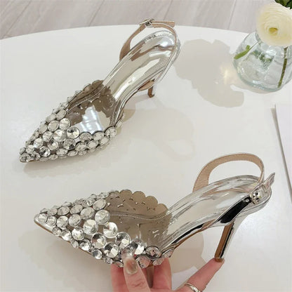 Aneikeh Fashion Stiletto Pumps Summer Silvery Rhinestone Hollow Strap High-heeled Sandals Women Wedding Banquet Shoes