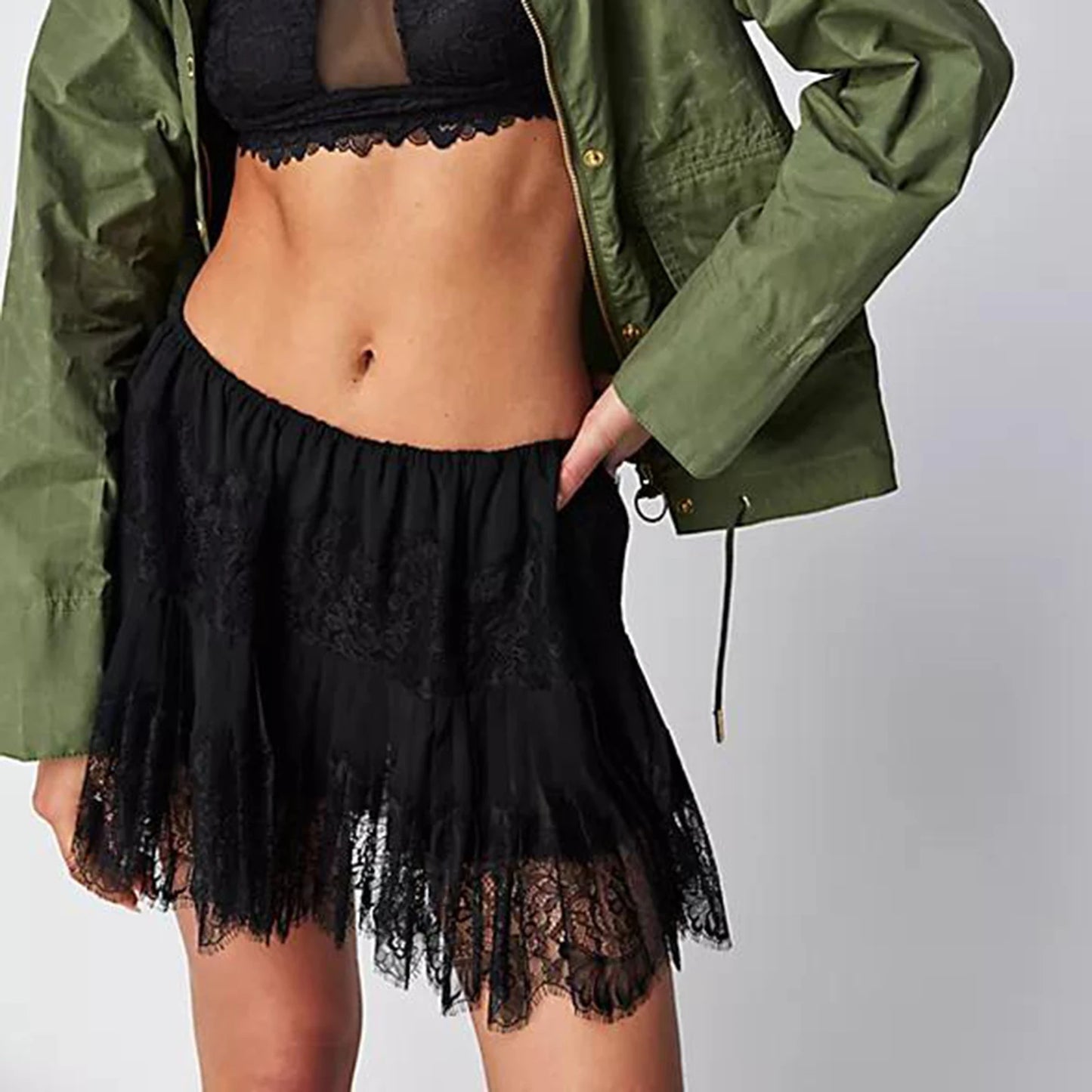 Women Lace Patchwork Mini Skirt Beach Vacation Cover-ups Swimwears Skirt Y2k Ruffle Low Waist Layered Pleated Flowy Skirt